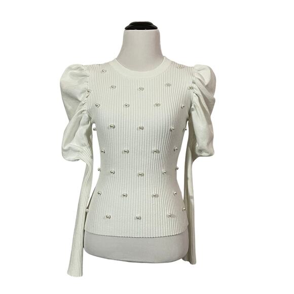 Forever 21 Pearl Front Puff Sleeve Top - White - Small - Picture 1 of 10